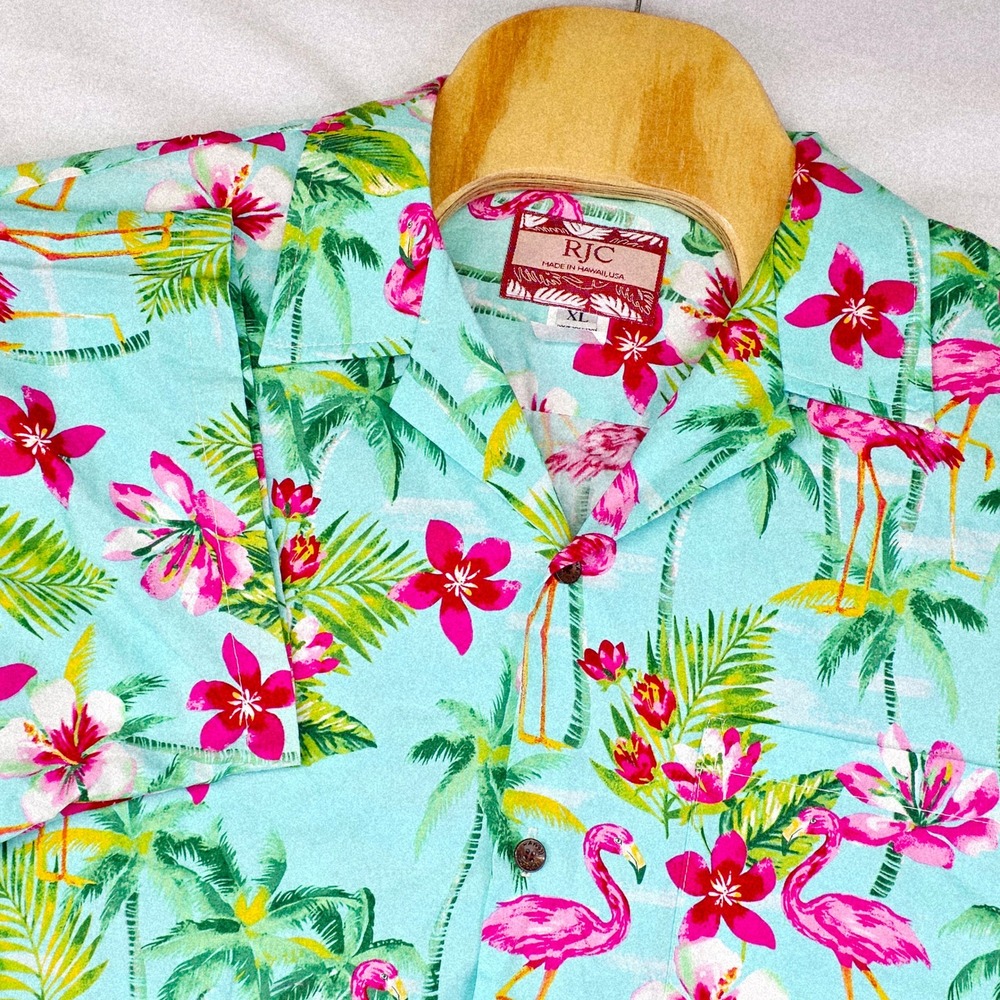 RJC Aloha Shirt Men XL Turquoise Flamingo Tropical Floral Made in Hawaii NWT